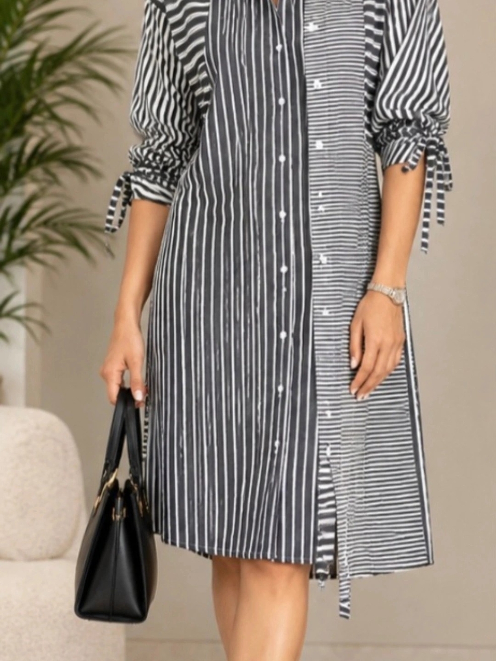 Striped Button-Front Shirt Dress in Black and White